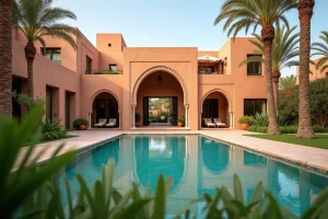 Villa moderne de luxe avec piscine turquoise et jardins verdoyants dans le quartier résidentiel d'Amelkis à Marrakech