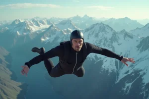 Homme en wingsuit en chute libre au-dessus d'une chaîne de montagnes enneigées lors d'un saut extrême