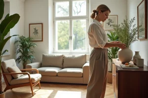 Femme élégante arrangeant un vase en céramique dans un salon lumineux